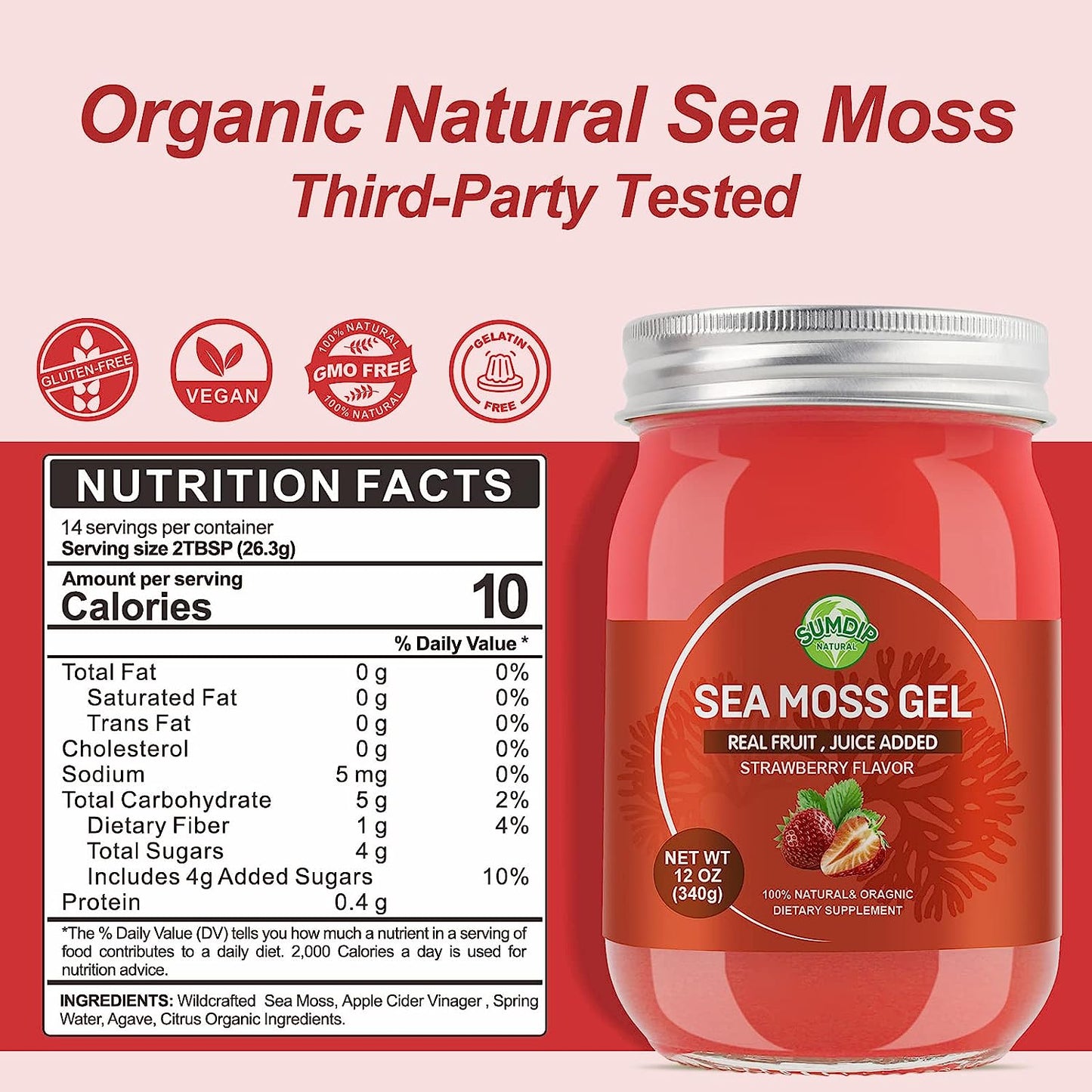 Boost Your Well-being with Organic Raw Irish Sea Moss Gel: A Vegan Superfood for Immune Support, Digestive Health, and Vital Nutrients - Strawberry Flavored, 12oz